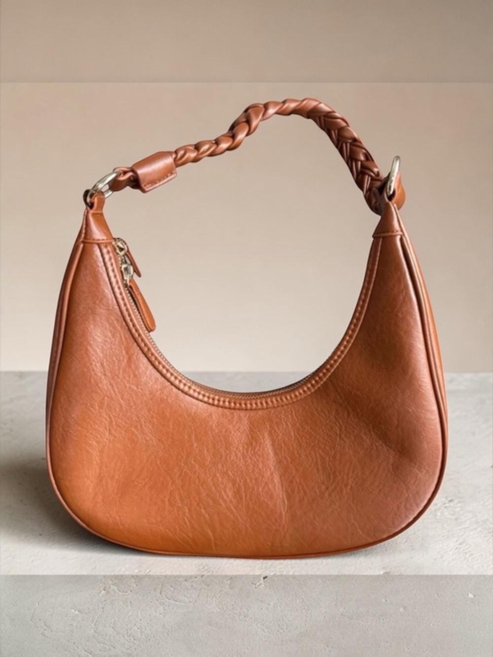 Chic Brown Crescent Faux Leather Shoulder Hand Bag / Hobo with Braided Strap